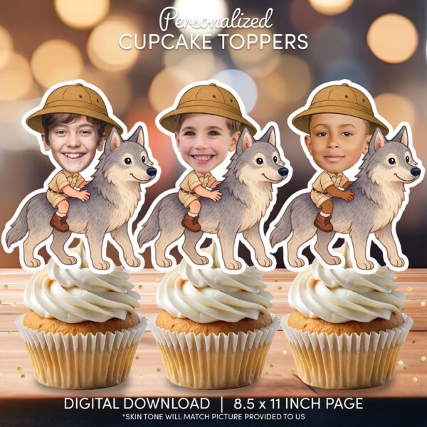 Custom Safari Explorer Riding Wolf Cupcake Toppers - Printable Face Insert Party Decor