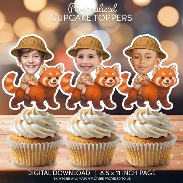 Custom Face Red Panda Rider Cupcake Toppers - Personalized Safari Explorer Birthday Decoration