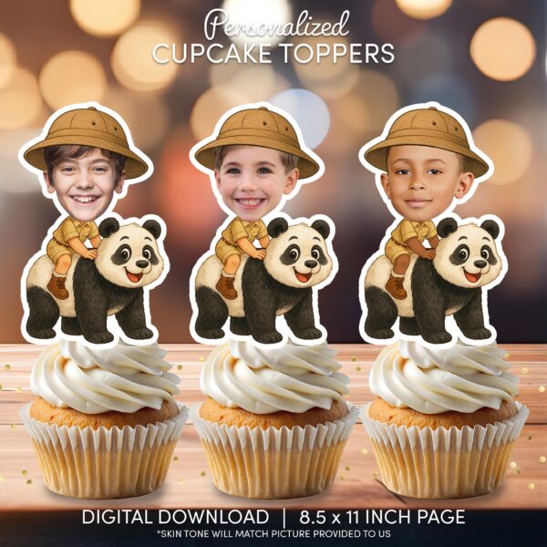 Custom Panda Safari Cupcake Toppers – Personalized Face Photo Explorer Party Decorations