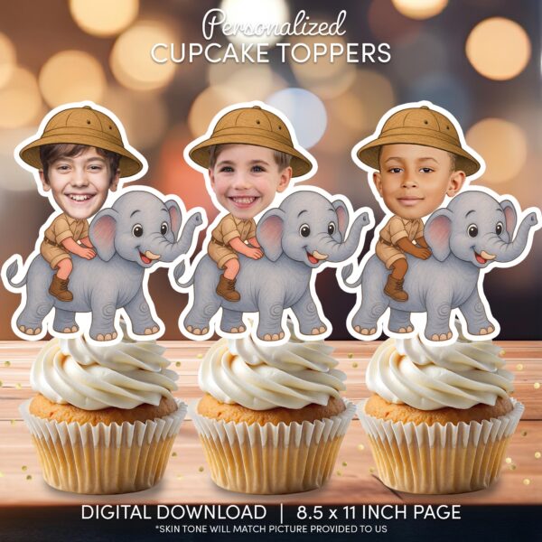 Custom Safari Explorer Photo Cupcake Toppers – Personalized Elephant Rider Birthday Decor