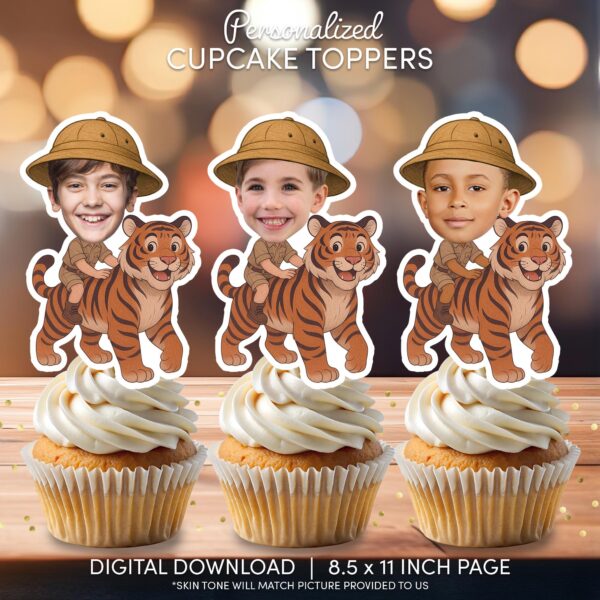 Personalized Safari Tiger Cupcake Toppers – Custom Face Jungle Theme Birthday Decorations