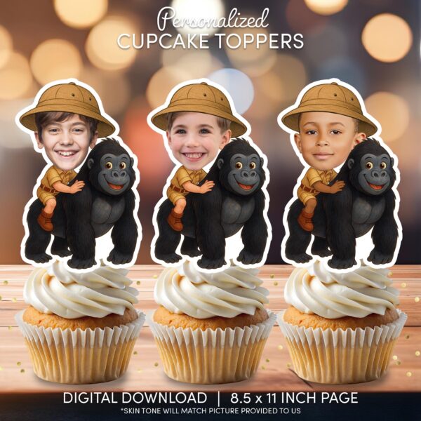 Custom Face Safari Explorer Riding Gorilla Cupcake Toppers - Printable Jungle Birthday Decoration