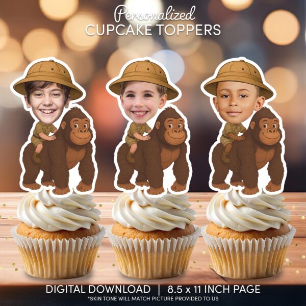 Custom Face Safari Cupcake Toppers – Kids Riding Gorilla Jungle Birthday Printable