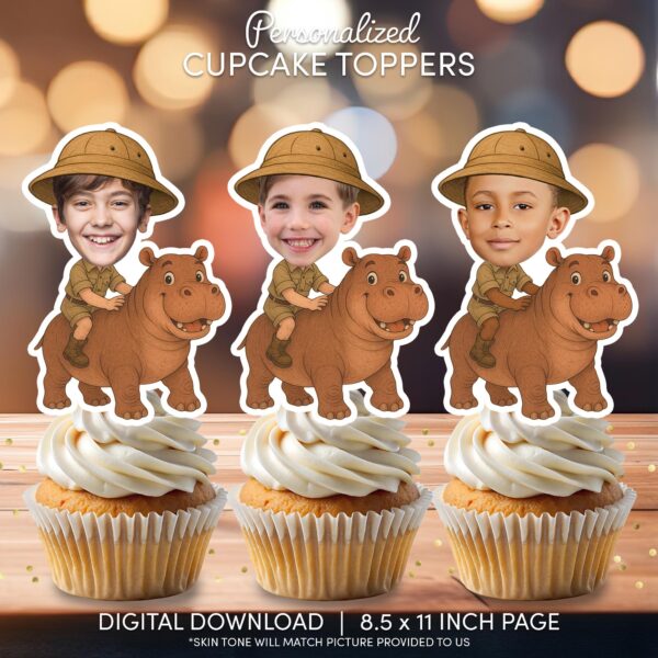 Personalized Safari Hippo Cupcake Toppers - Custom Face Jungle Birthday Party Decor