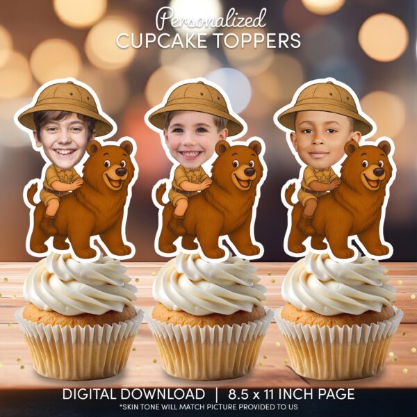 Custom Safari Explorer Riding Bear Printable Cupcake Toppers – Personalized Photo Face Birthday Decor