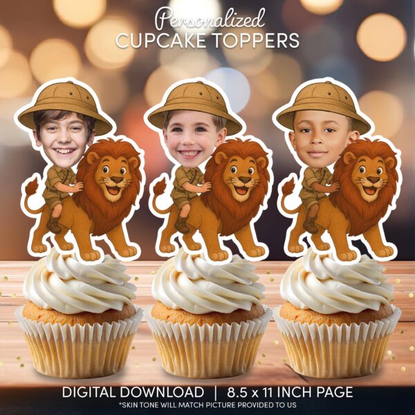 Custom Safari Explorer Riding Lion Cupcake Toppers – Personalized Face Jungle Party Decor