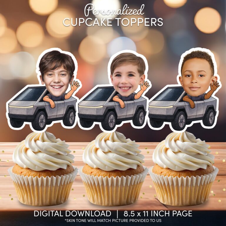 Personalized Electric Truck Cupcake Toppers – Custom Face Printable Birthday Party Decor
