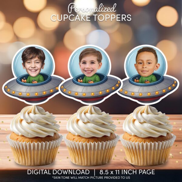 Personalized UFO Space Birthday Cupcake Toppers - Custom Face Flying Saucer Decor