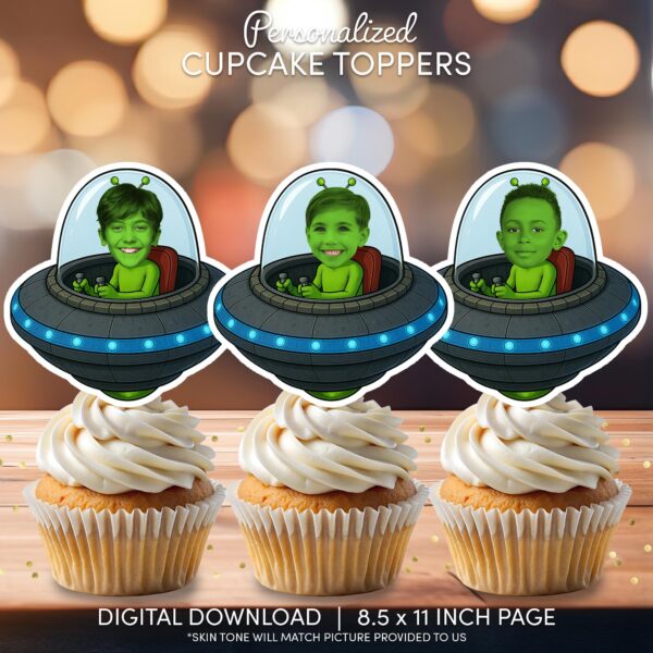 Personalized Green Alien Spaceship Cupcake Toppers | Custom Face UFO Photo Decor