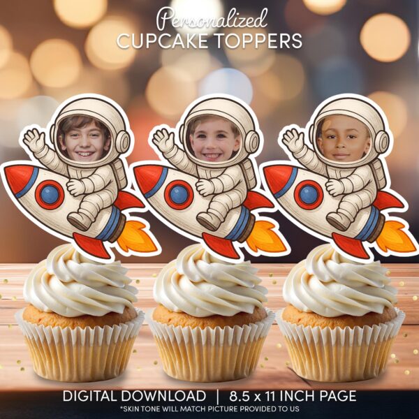 Personalized Astronaut Riding Rocket Cupcake Toppers with Custom Photo Face