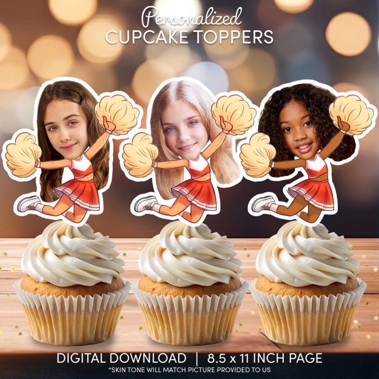 Custom Face Cheerleader Cupcake Toppers – Personalized Pom Pom Spirit Party Decor
