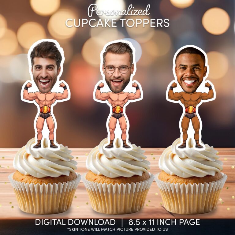 Custom Face Wrestler Cupcake Toppers – Funny Printable Photo Party Decor for Men