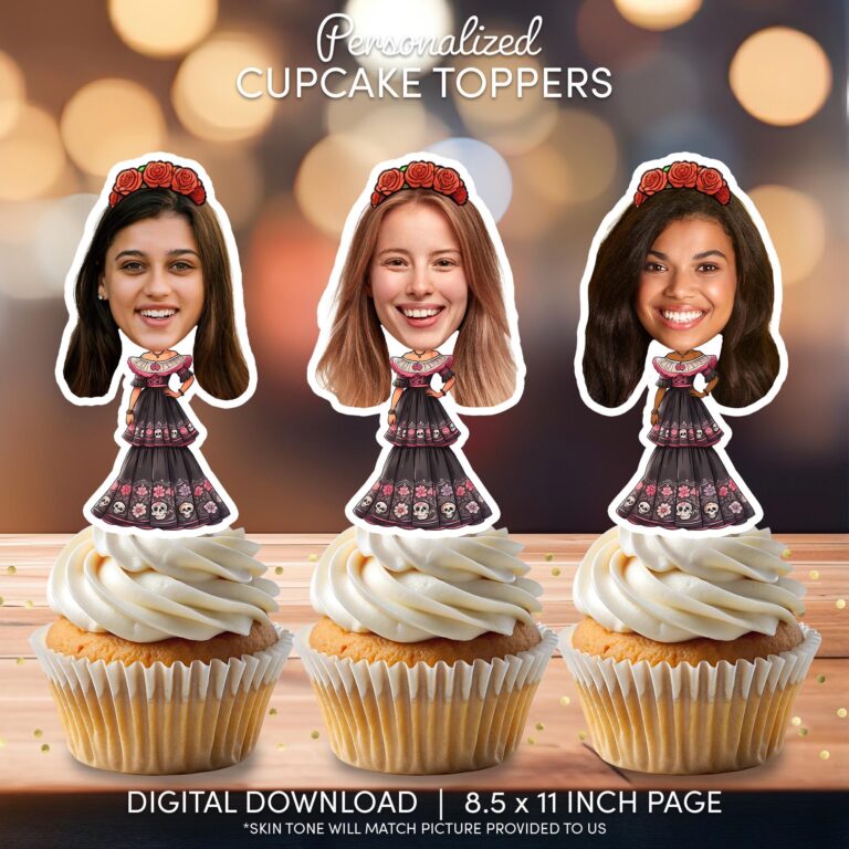 Personalized Day of the Dead Cupcake Toppers – Custom Face Mexican Fiesta Decorations