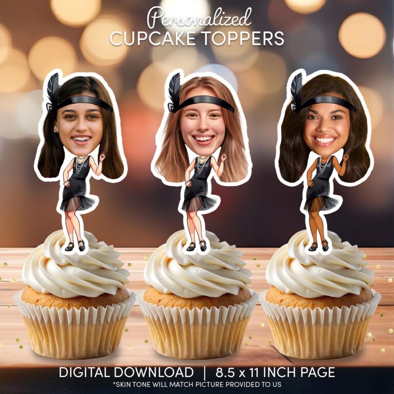 Custom Face Flapper Girl Cupcake Toppers - Roaring 20s Jazz Age Party Decoration