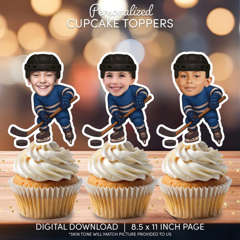 Personalized Ice Hockey Player Face Cupcake Toppers – Printable Sports Party Decor