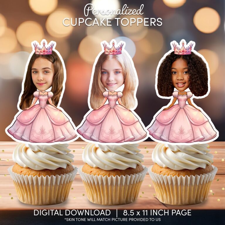 Custom Princess Face Cupcake Toppers - Pink Royal Ballgown Photo Printable