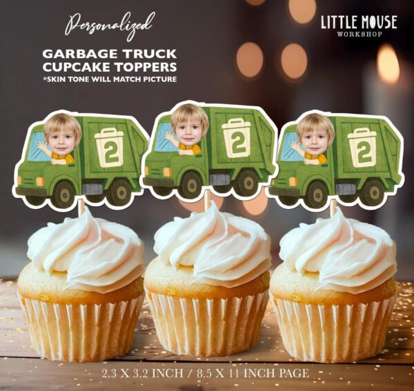 Personalized Face Green Garbage Truck Cupcake Toppers for Toddler Trash Bash
