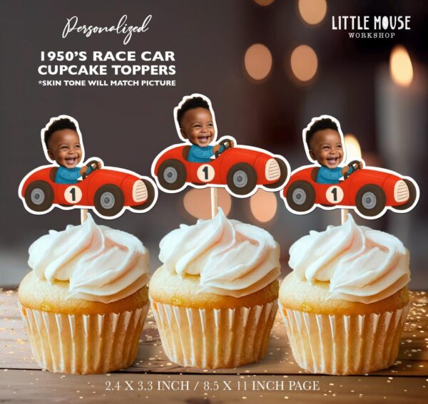 Custom Face 1950s Vintage Race Car Cupcake Toppers – Retro Red Roadster Birthday Decor