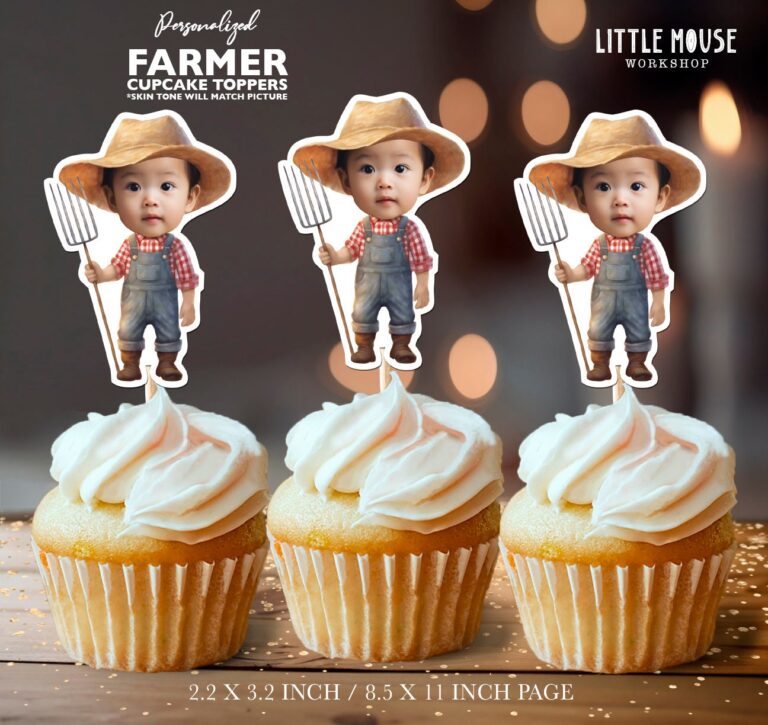 Custom Face Little Farmer Boy Cupcake Toppers
