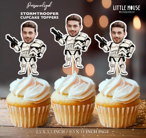 Personalized Stormtrooper Face Custom Cupcake Toppers for Galactic Empire Theme Parties