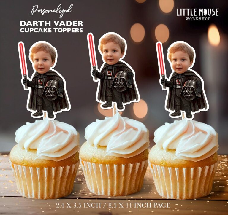 Custom Face Darth Vader Theme Cupcake Toppers for Kids Birthday Parties