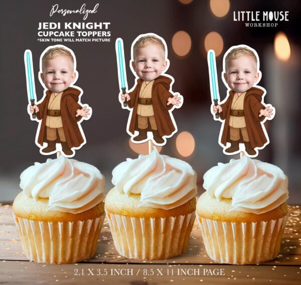 Custom Face Little Jedi Knight Cupcake Toppers for Galactic Birthday Events