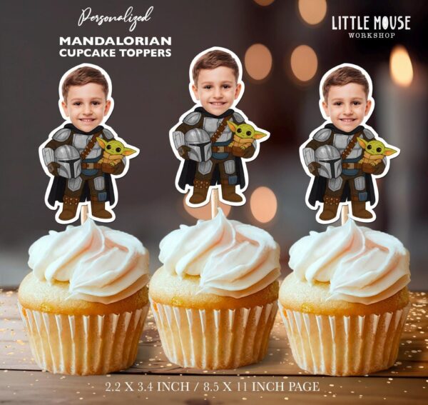 Custom Face Mandalorian Cupcake Toppers With Grogu Design