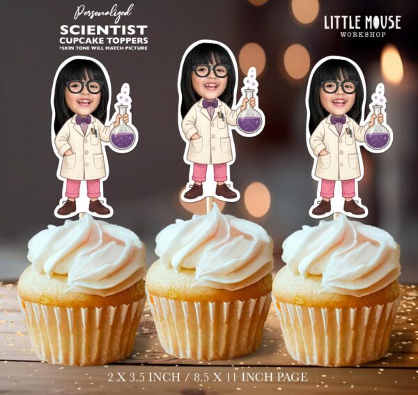 Personalized Face Scientist Cupcake Toppers for Science Lab Birthday Parties