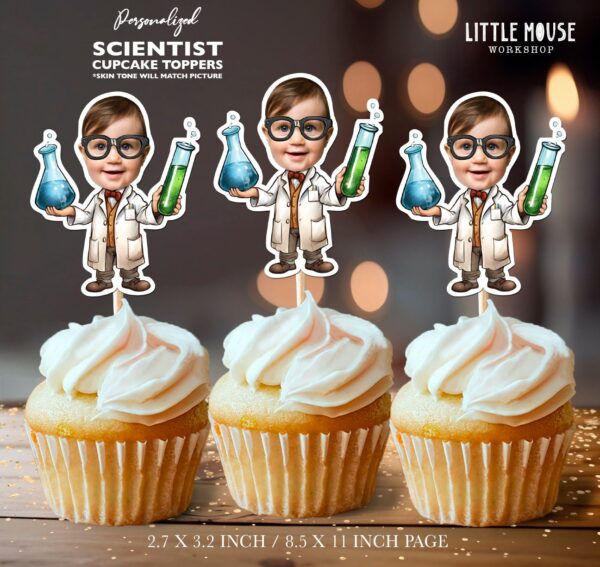 Personalized Photo Little Scientist Cupcake Toppers – Custom Face Science Lab Party Decor