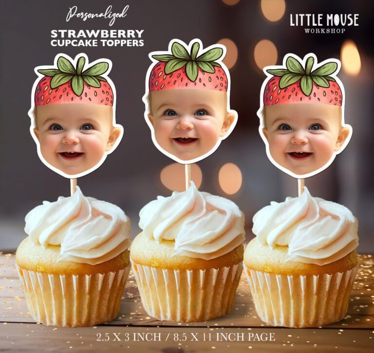 Personalized Strawberry Photo Face Cupcake Toppers for Berry Sweet Birthday Parties