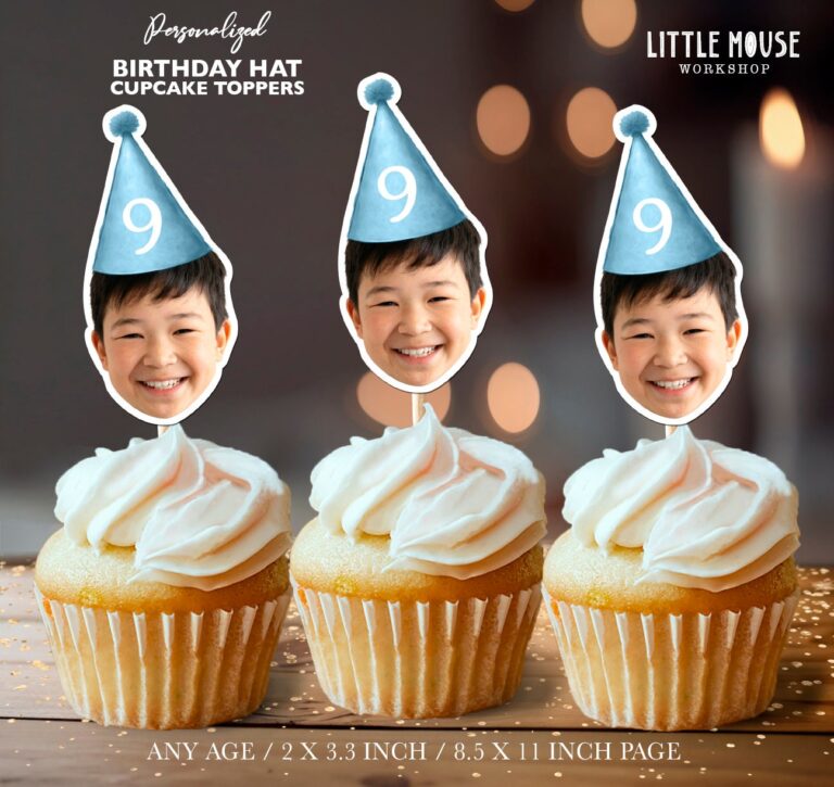 Custom Face Blue Party Hat Theme Cupcake Toppers for 9th Birthday