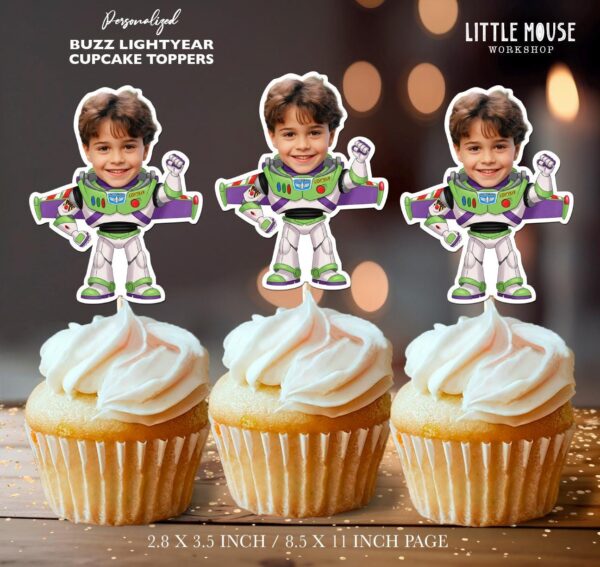 Custom Face Buzz Lightyear Space Ranger Cupcake Toppers for Kids Birthday