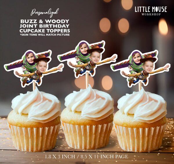 Custom Photo Space Ranger and Sheriff Duo Cupcake Toppers for Joint Birthday Parties