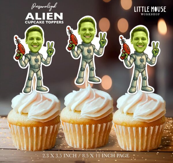 Custom Face Retro Alien Cupcake Toppers with Ray Gun