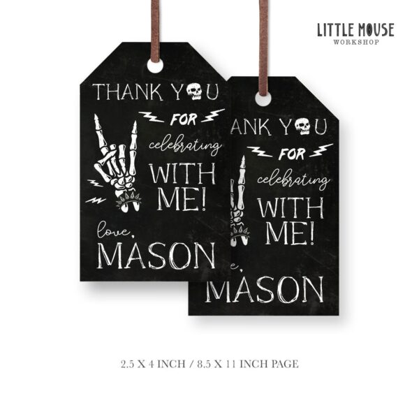 Personalized Rock Star Skeleton Hand Thank You Tags - Chalkboard Style Birthday Favor Labels