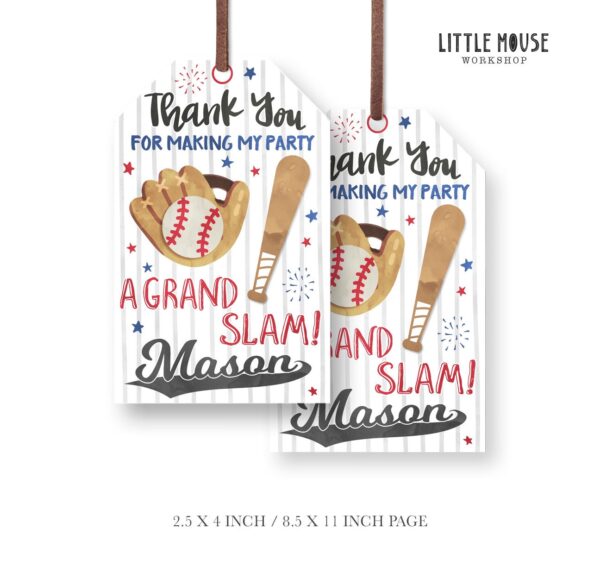 Editable Baseball Grand Slam Favor Tags – Pinstripe Sports Theme Thank You Labels