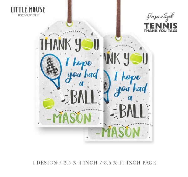 Personalized Tennis Theme Thank You Tags – Custom Name and Age Sports Birthday Favor Labels