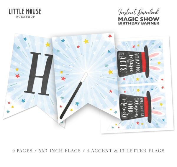 Printable Magic Show Birthday Banner – Magician Party Bunting with Bunny Hat and Wand Accents