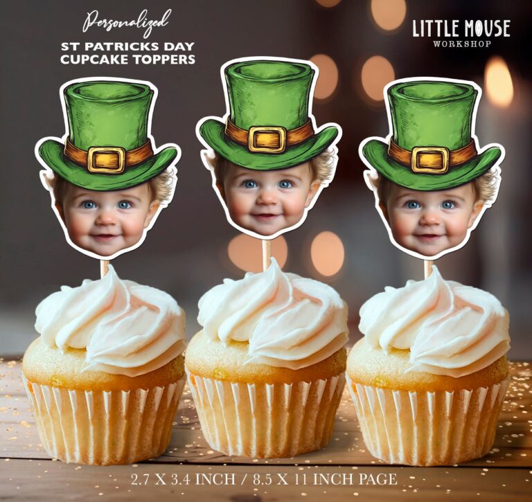 Custom Face Leprechaun Hat St. Patrick’s Day Cupcake Toppers for Baby Celebrations
