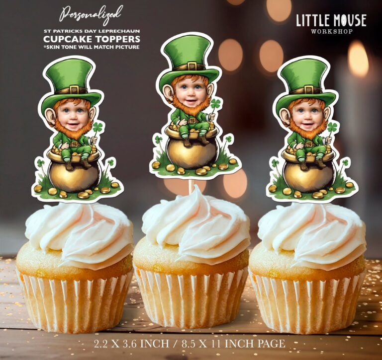 Custom Face St. Patrick’s Day Leprechaun Pot of Gold Cupcake Toppers
