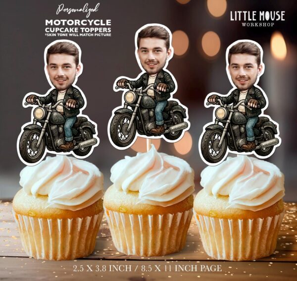 Custom Face Motorcycle Rider Cupcake Toppers for Biker Themed Events