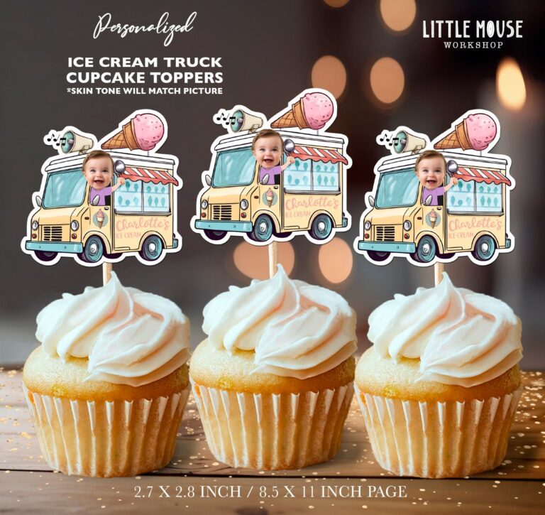 Personalized Custom Face Ice Cream Truck Cupcake Toppers for Summer Birthdays
