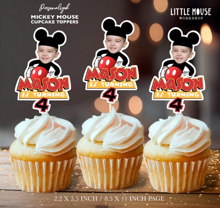 Custom Photo Face Mickey Mouse Themed Cupcake Toppers for Boy's 4th Birthday