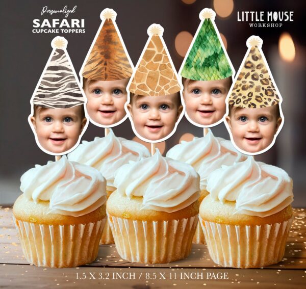 Custom Face Safari Animal Print Cupcake Toppers with Jungle Party Hats
