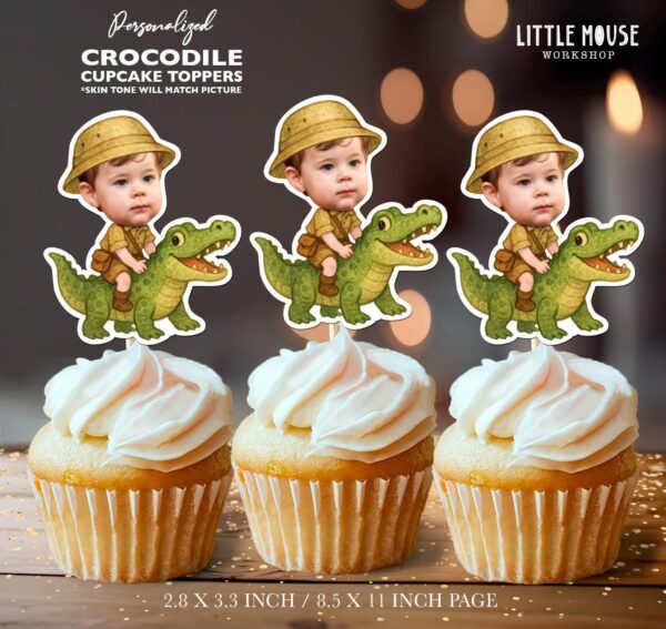 Expedition Ready Custom Face Crocodile Safari Cupcake Toppers for Jungle Adventures
