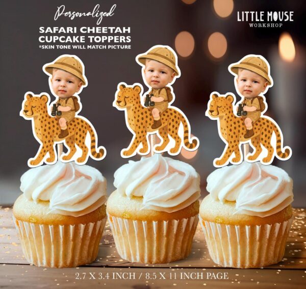 Custom Face Safari Cheetah Cupcake Toppers – Jungle Explorer Theme Birthday Décor