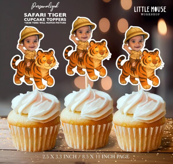 Custom Face Tiger Safari Cupcake Toppers – Personalized Jungle Explorer Party Decoration