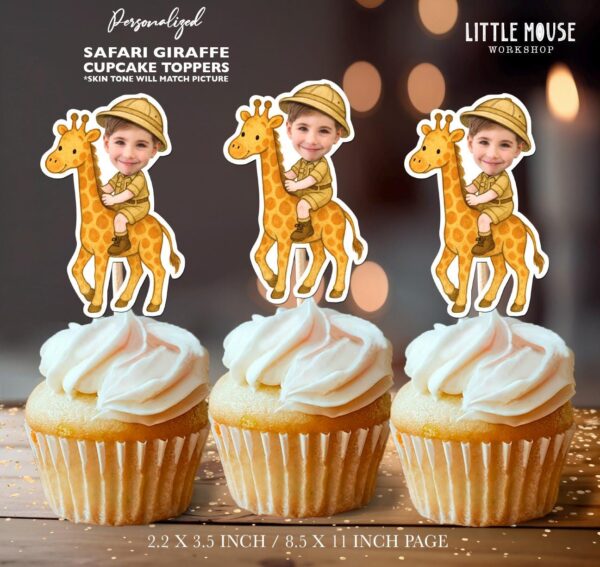 Personalized Photo Boy Riding Giraffe Safari Cupcake Toppers