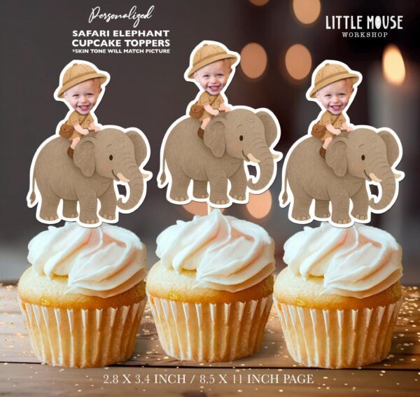 Personalized Baby Explorer Riding Elephant Custom Face Cupcake Toppers for Safari Themes