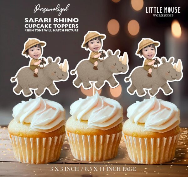 Custom Face Safari Rhino Cupcake Toppers for Jungle Explorer Kids Parties